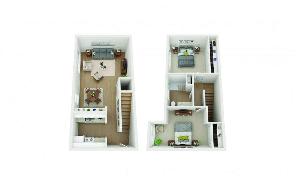 Two Bedroom TH-A - 2 bedroom floorplan layout with 1 bath and 830 square feet.
